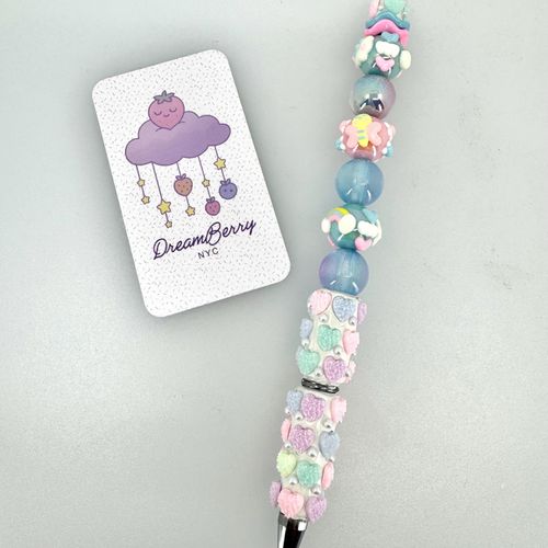Beaded Pen — Pastel Rainbow Cloud Heart