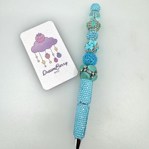 Beaded Pen — Aqua Blue Bows & Teal Heart