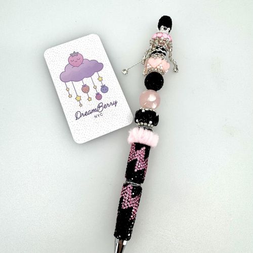 Beaded Pen — Black & Pink Crown & Pom Pom