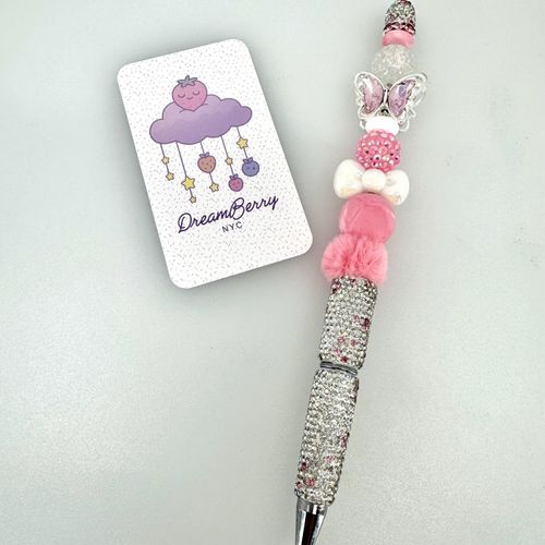 Beaded Pen — Pink & Clear Crystal Butterfly