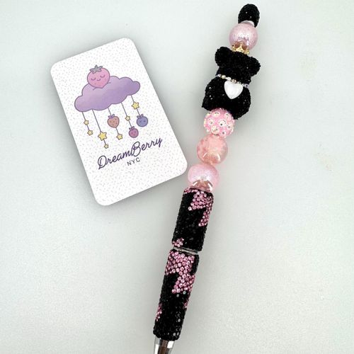 Beaded Pen — Black & Pink Bear Crown