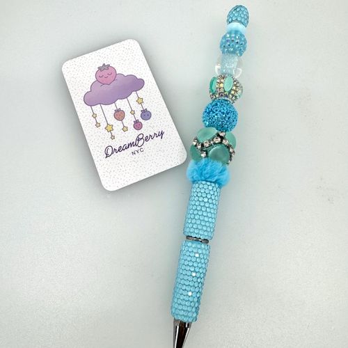 Beaded Pen — Sky Blue & Teal Pom