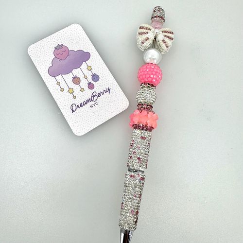 Beaded Pen — Silver & Pink Pearl Bow