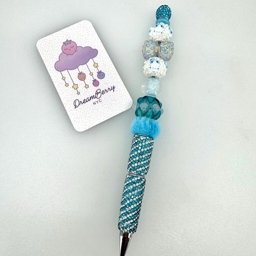 Beaded Pen — Aqua Kawaii Cat & Teal Heart