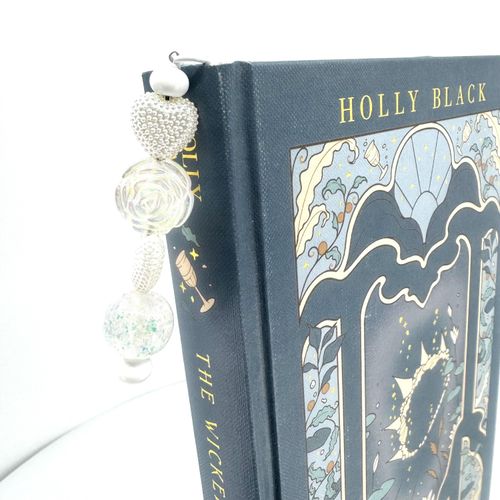Beaded Bookmark — White Feather, Clear Rose & Silver Heart