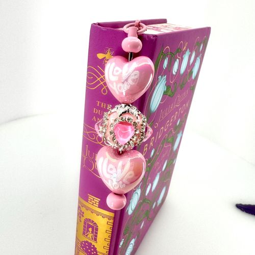 Beaded Bookmark — Pink Feather 'I Love You' Heart