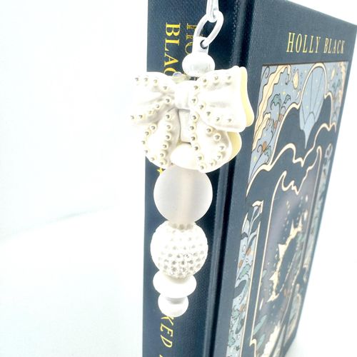 Beaded Bookmark — White Bow & Pearl