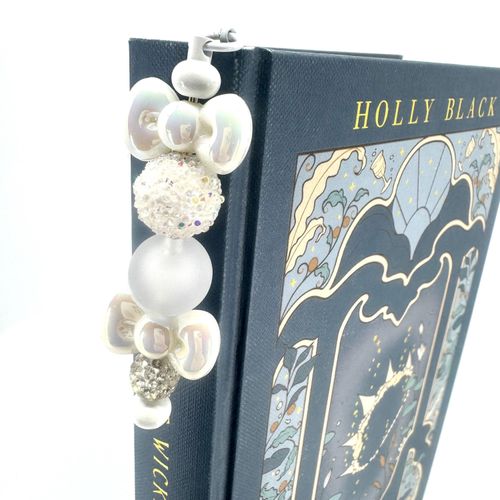 Beaded Bookmark — White Feather, Pearl Bows & Frost