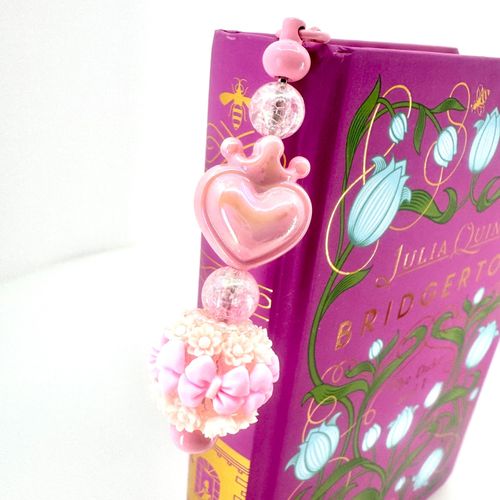 Beaded Bookmark — Pink Feather Crown Heart