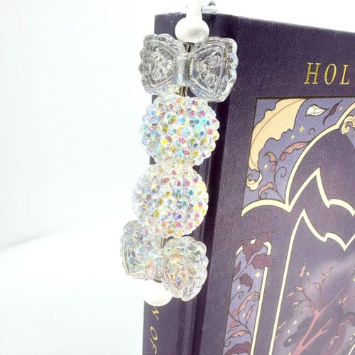 Beaded Bookmark — White Feather Clear Bow