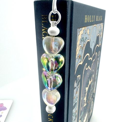 Beaded Bookmark — White Glitter Hearts
