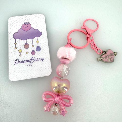 Beaded Keychain — Pink Bow, Heart & Love Charm